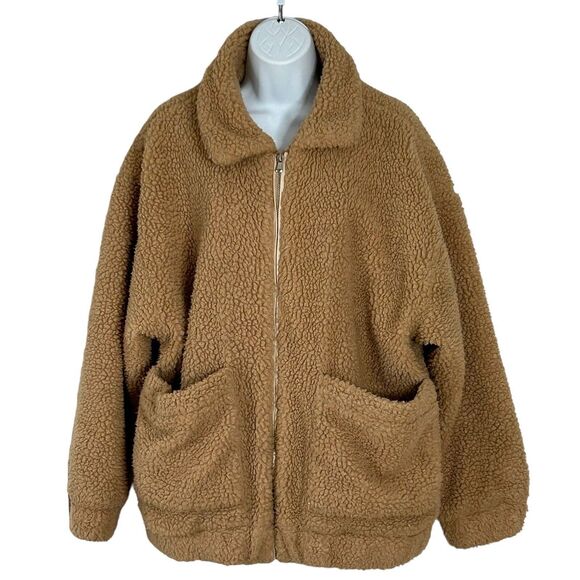 I AM GIA Pixie Sherpa Coat Size S Tan Oversized Relaxed Zip Boho Jacket - Picture 1 of 8